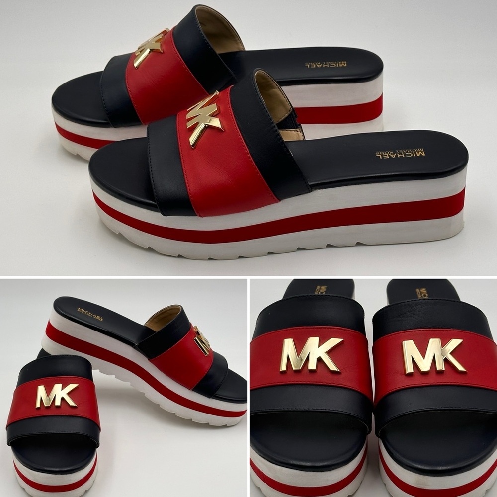 MICHAEL KORS SHOES WOMENS Sz 9 RED WHITE BLUE BRADY PLATFORM SLIDES SANDALS LTHR
